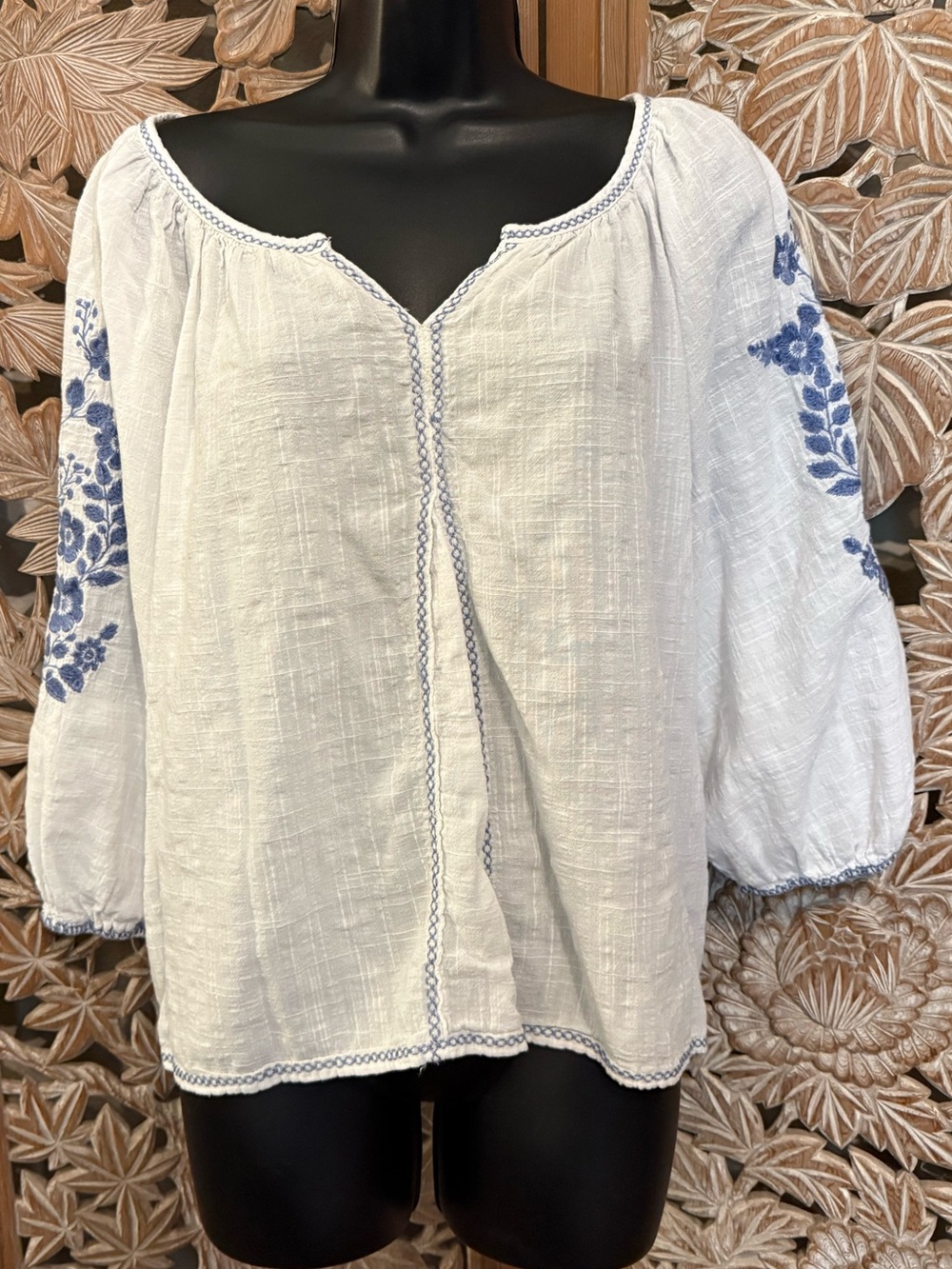 Max Studio White Peasant Blouse with Blue Embroidery